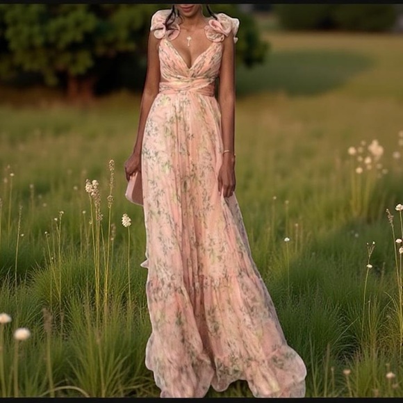 HP 🎉 Mac Duggal BHLDN Ruffle Tiered Floral CutOut 8 / Med Pink Chiffon Prom Gown - Picture 11 of 16